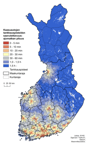 Kaasuautojen tankkauspisteet Suomen kartalla ja saavutettavuus ajomatkan pituuden perusteella.